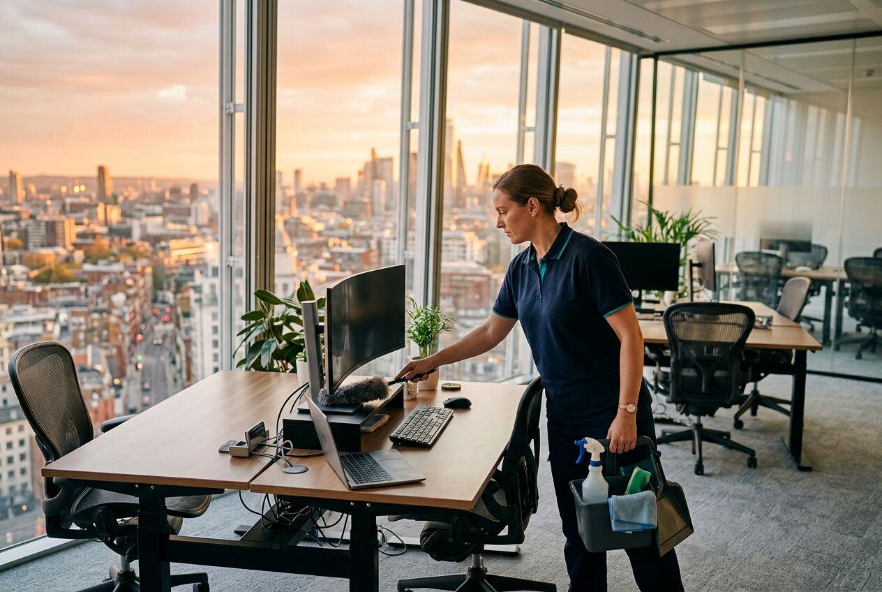 KeyReady cleaner dusting workstations in a high-rise Atlanta office