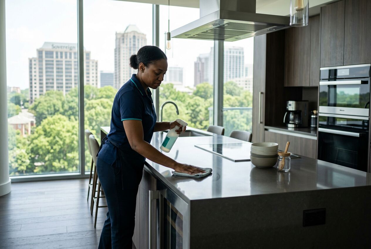KeyReady cleaner wiping a kitchen island in a Buckhead high-rise condo