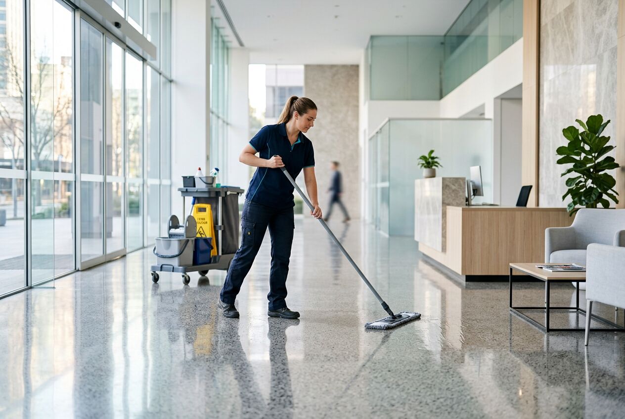 KeyReady cleaner mopping a polished office lobby floor in Buford