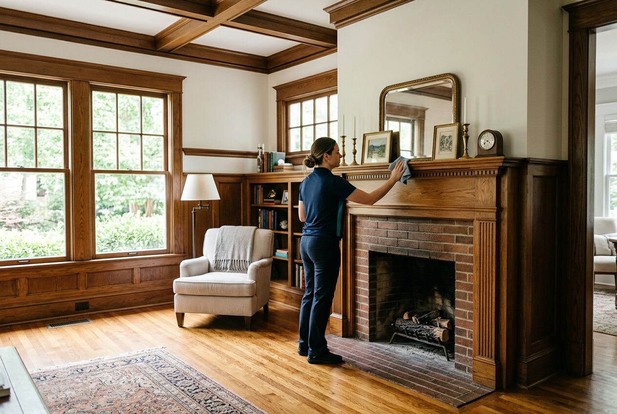 KeyReady cleaner dusting a fireplace mantel in a historic Grant Park home