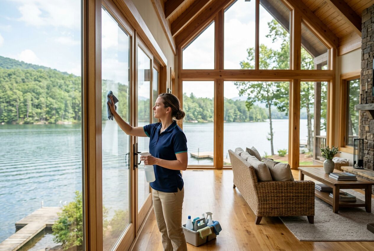 KeyReady cleaner washing the windows of a Lake Lanier home in Gainesville