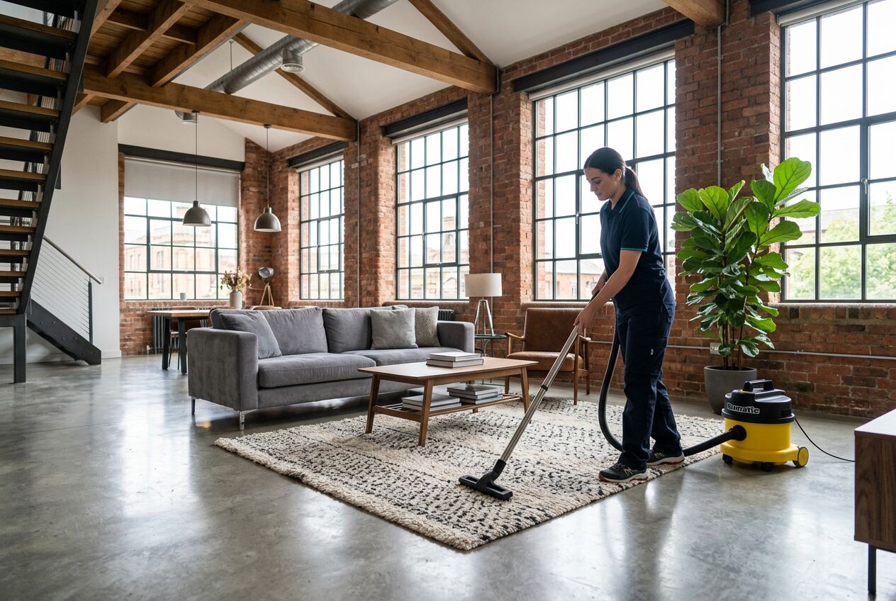 KeyReady cleaner vacuuming a rug in a Cabbagetown mill loft