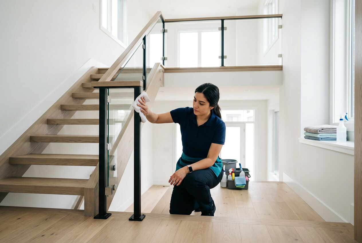 KeyReady cleaner wiping a staircase railing in a new Summerhill townhome